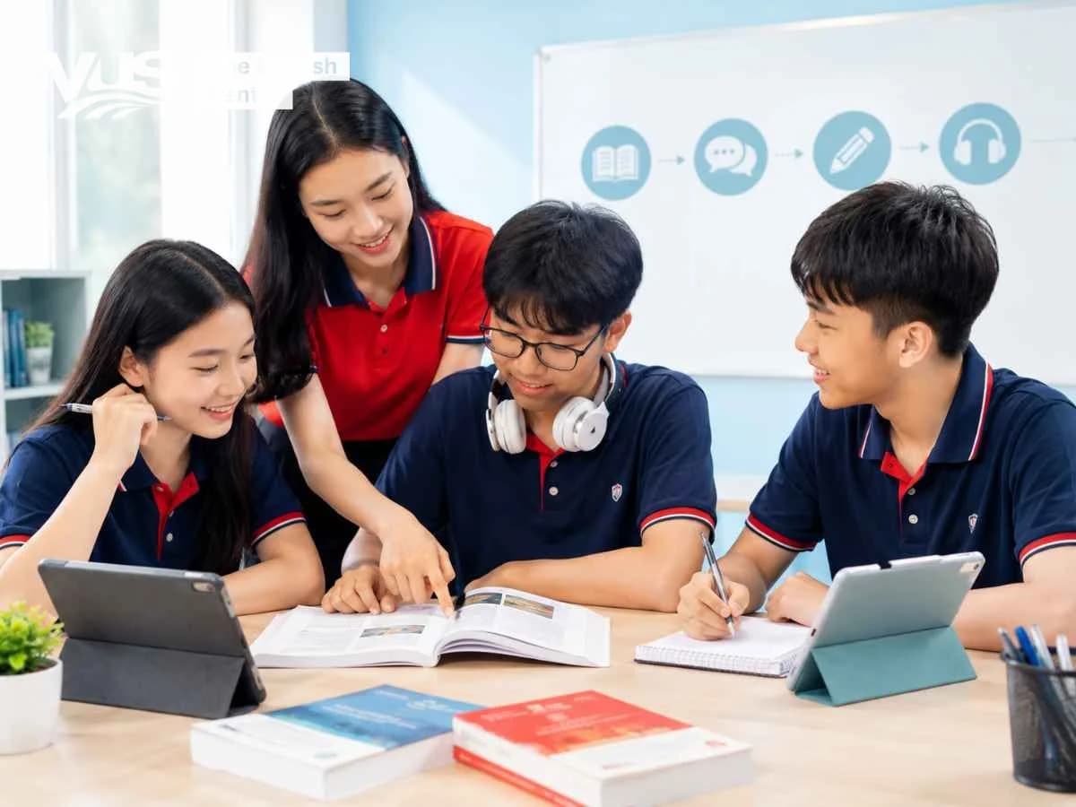 Học sinh luyện đọc, nói và viết tiếng Anh từ cùng một văn bản trong lớp học, minh họa cách khai thác một bài đọc cho nhiều kỹ năng.